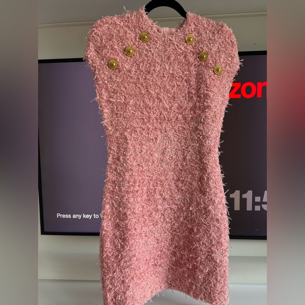 New Boutique Quality Tweed Pink Textured Metallic Mini Dress